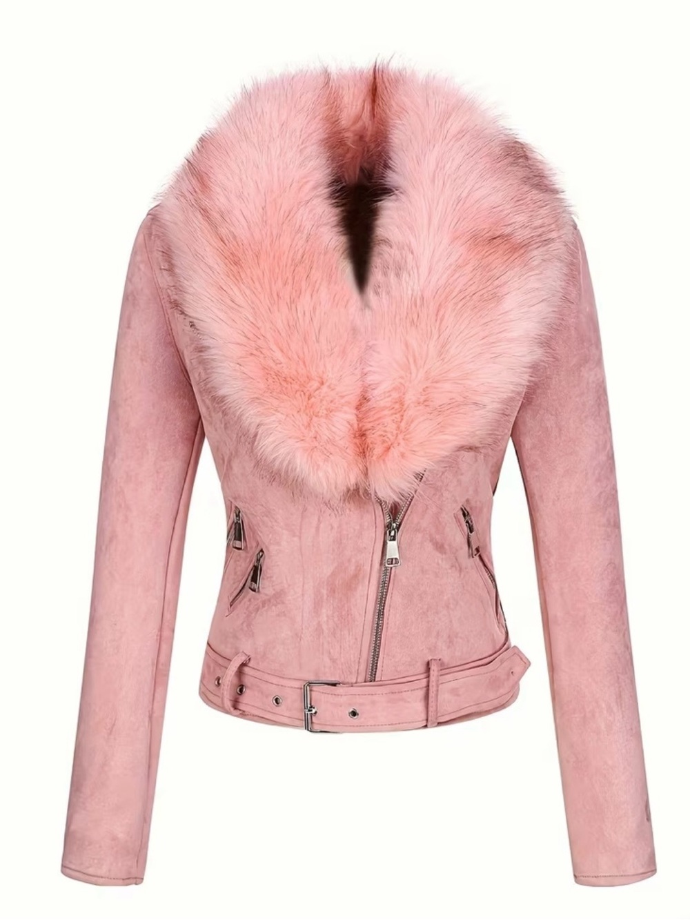 Blush Pink Faux Suede Moto Jacket with removable Faux Fur Collar - Size Small